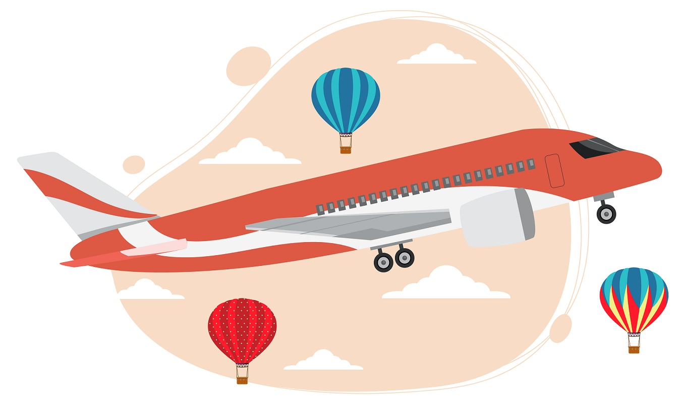 Plane in the sky with balloon in flat style illustration