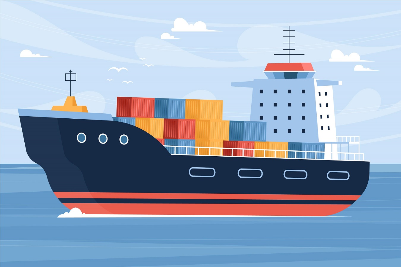 hand drawn illustration container ship at sea