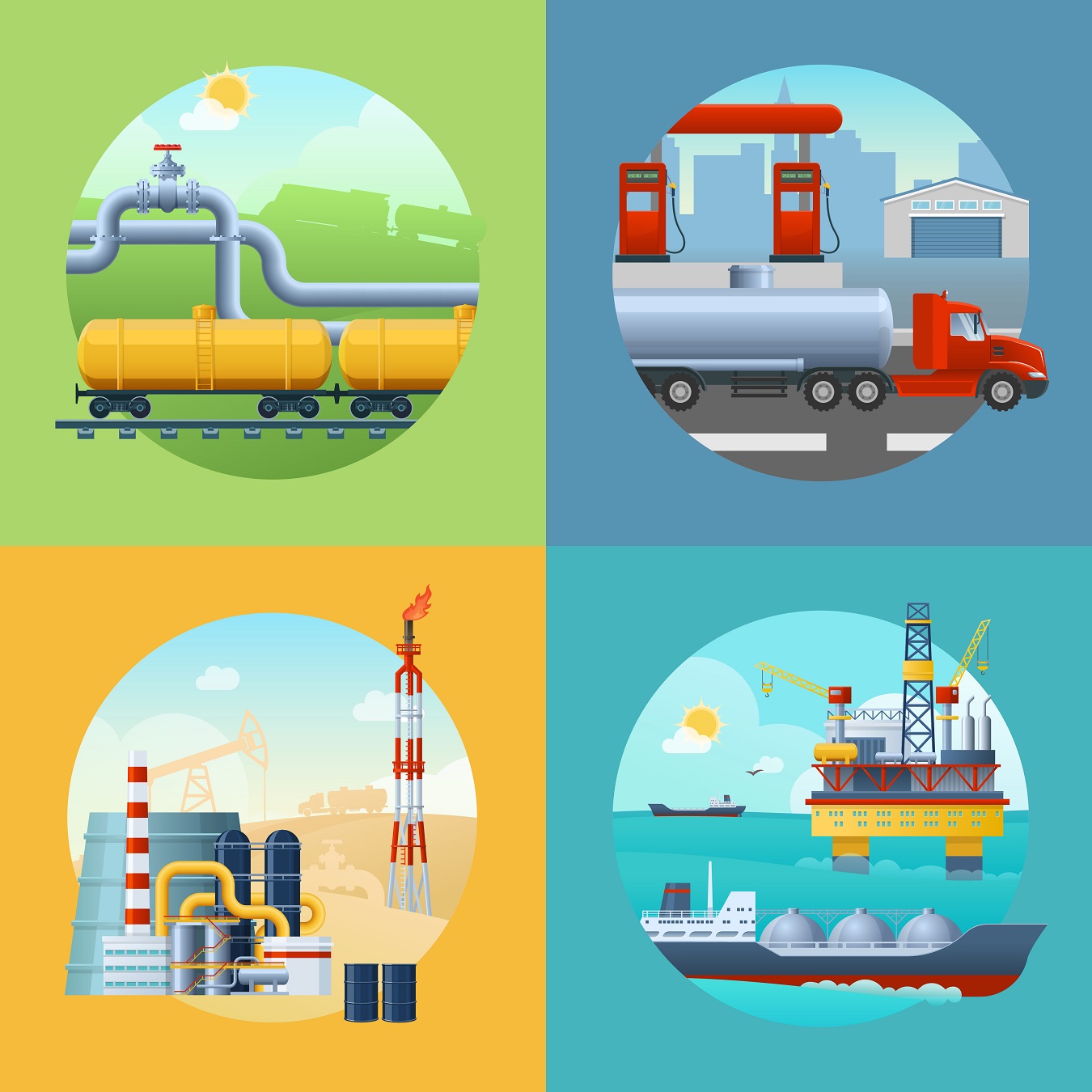 Square composition with oil industry symbols in circle